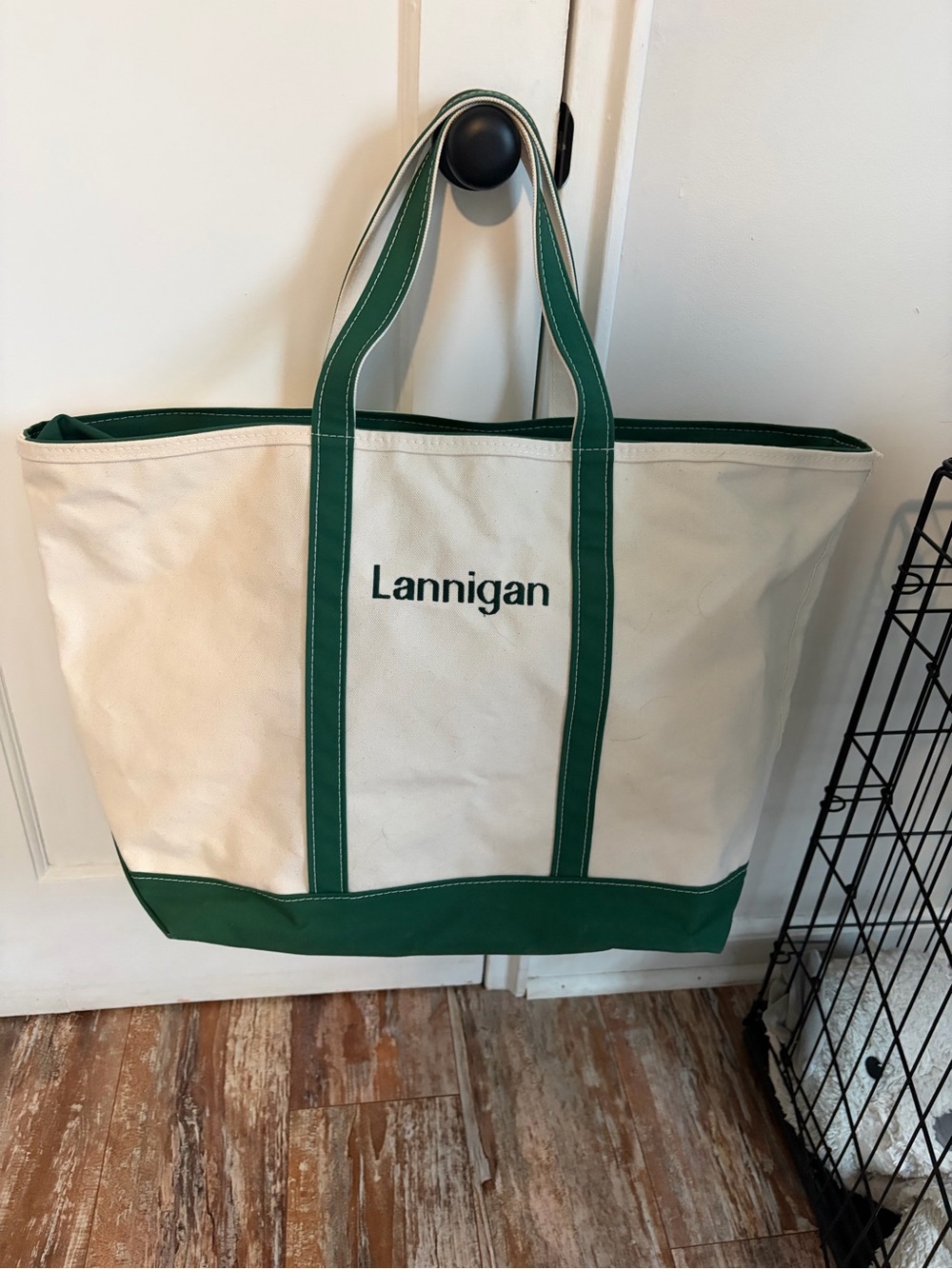 LL Bean Zip Top XL Canvas Tote with Green Trim